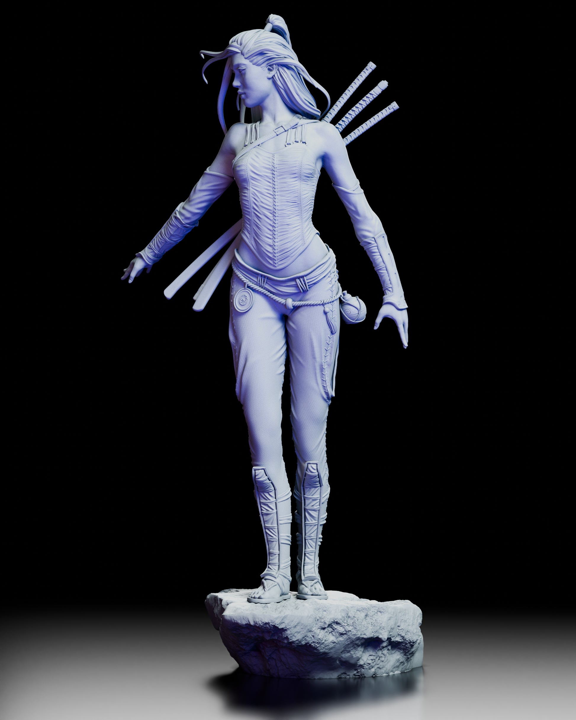 Left side view of The Silent Katana Asian warrior resin figure, highlighting the detailed trousers, boots, and sheathed katanas.