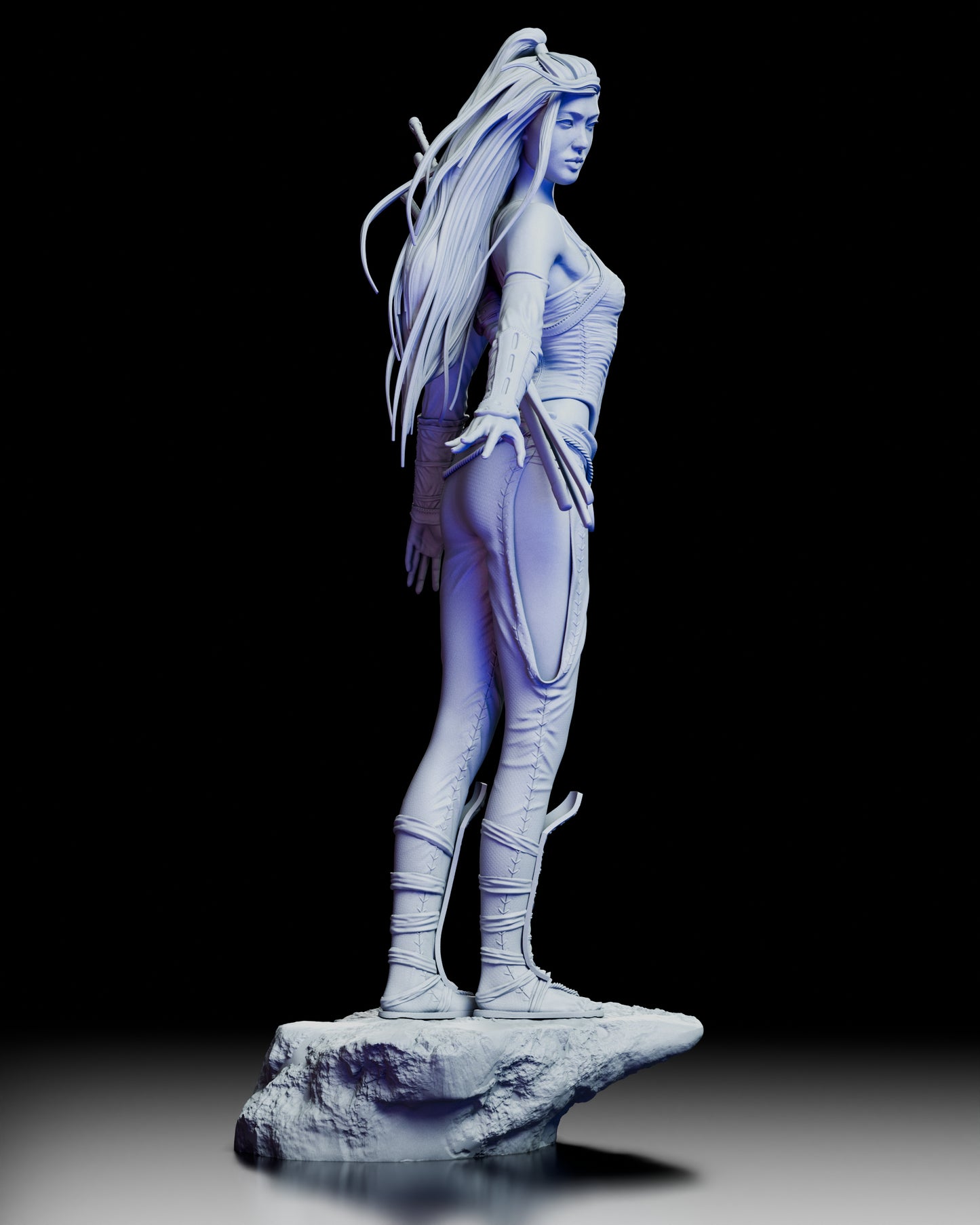 Right side view of The Silent Katana fantasy warrior figure kit, emphasizing the flowing hair, arm guards, and textured rocky base.