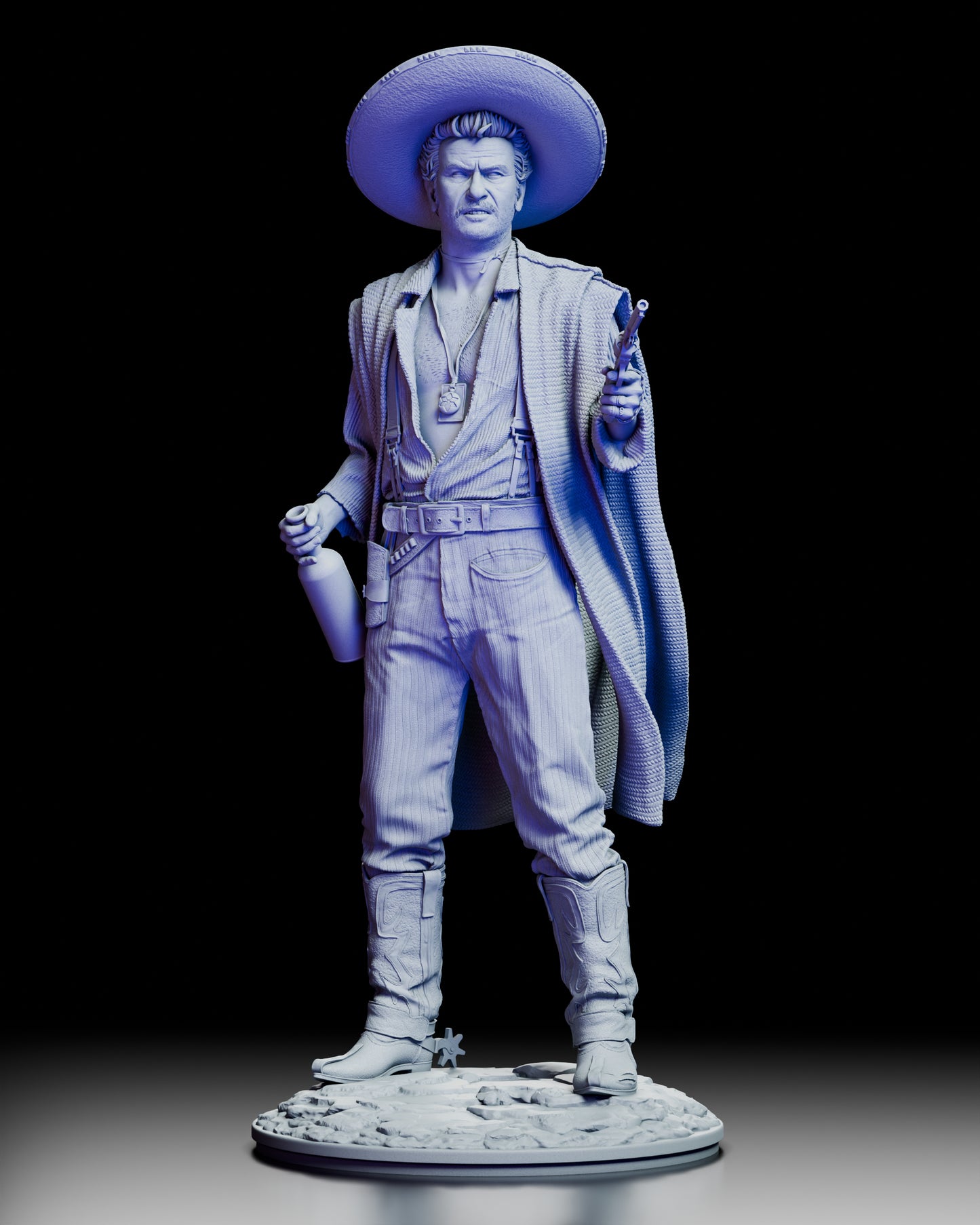 Front view of the Tuco Ramirez western outlaw figure model kit holding a revolver and bottle while standing on a rocky desert base