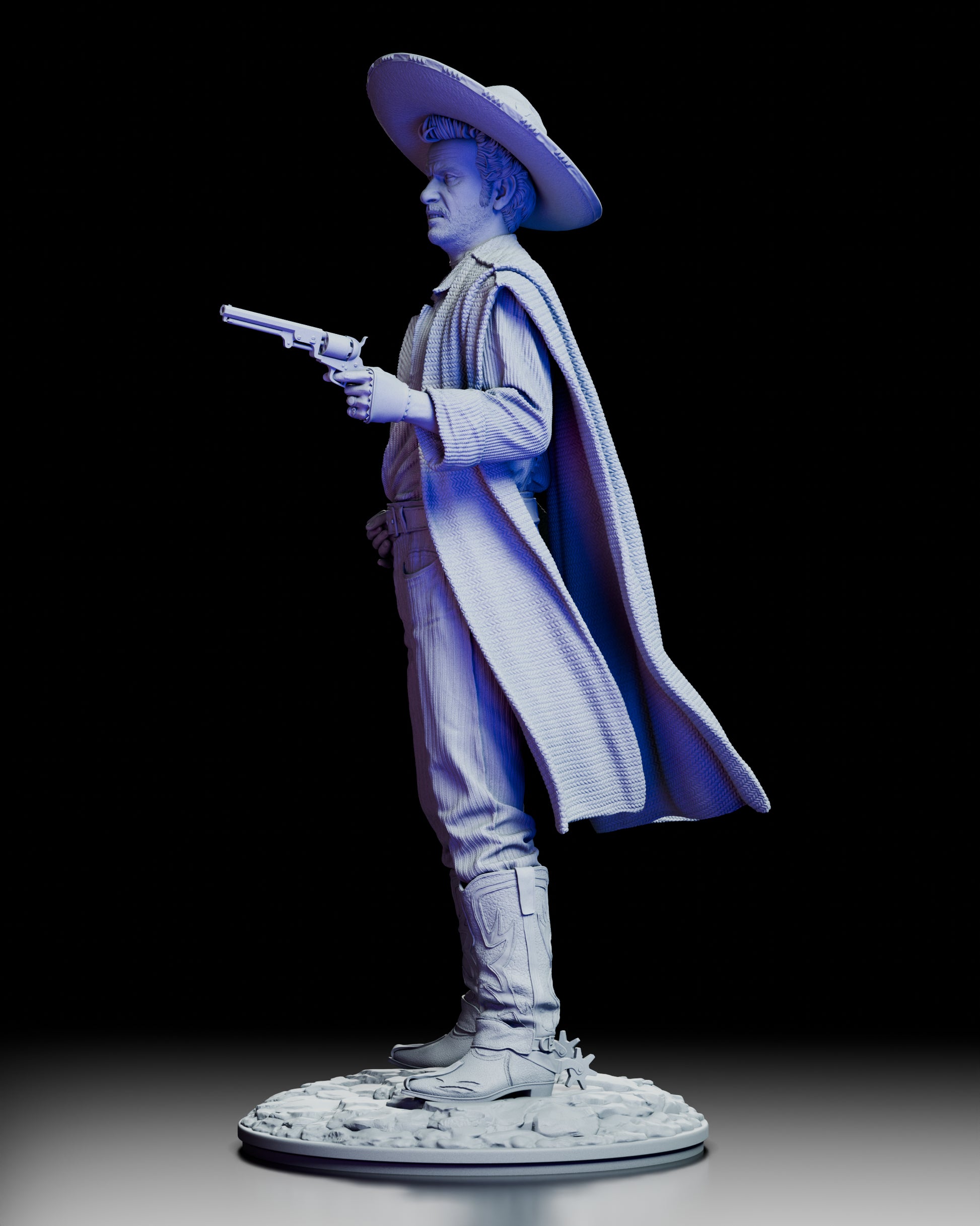 Left profile view of the Tuco Ramirez western outlaw figure model kit highlighting the flowing poncho and revolver pose