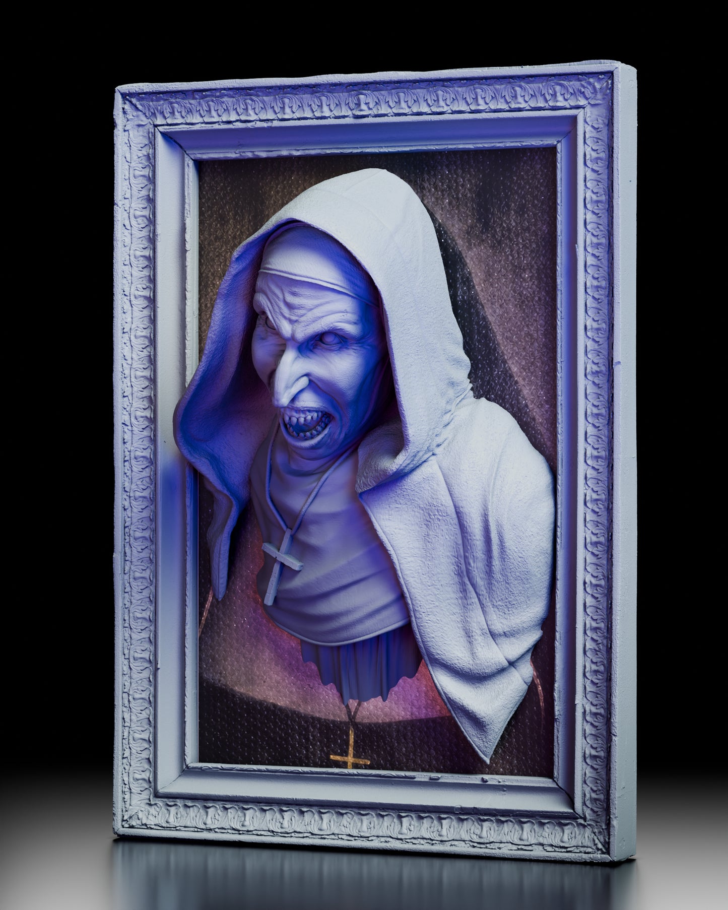 Left angled view of the Valak wall portrait bust highlighting the hood texture and facial details.
