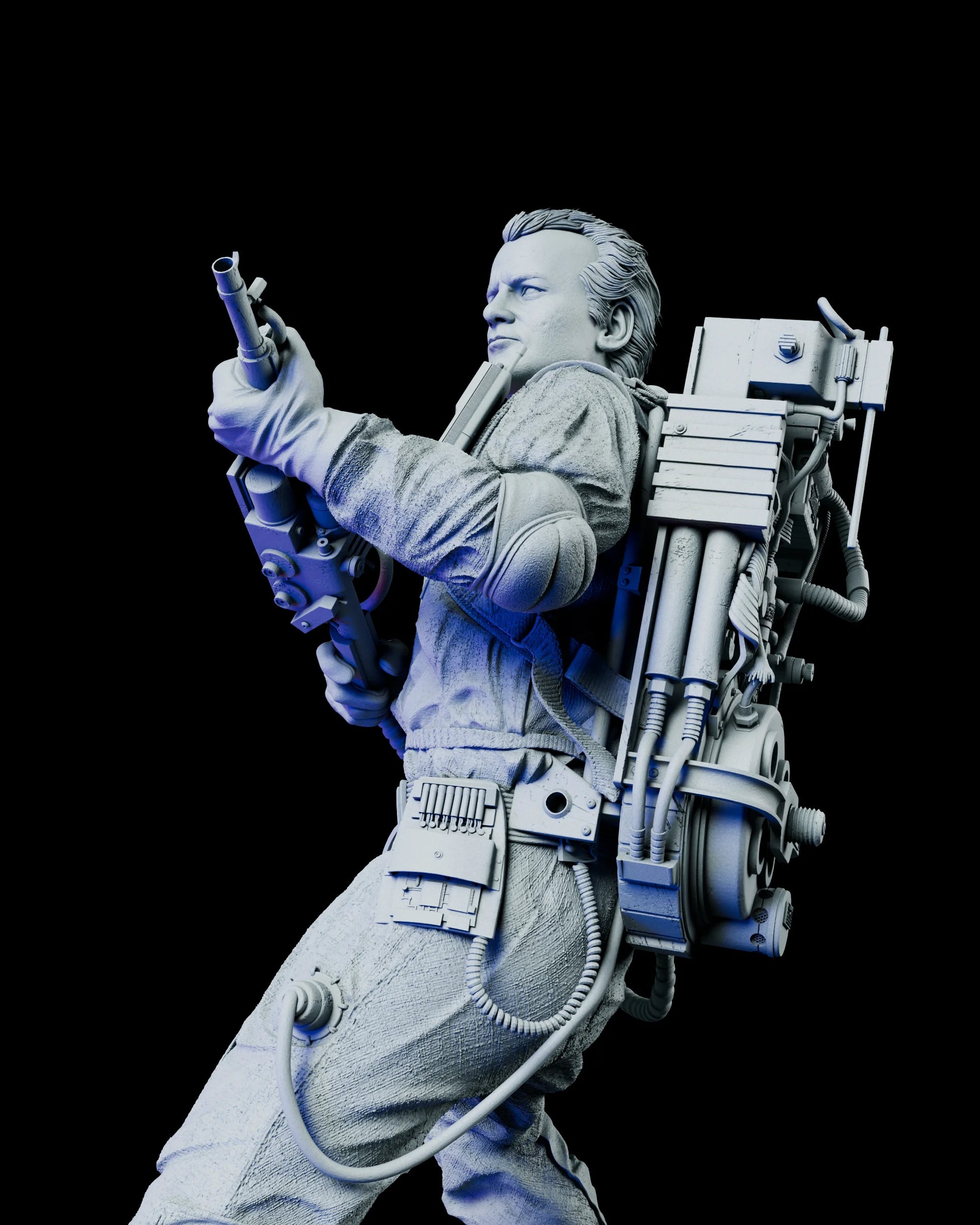 Side view of Dr. Peter Venkman figure kit aiming his proton blaster, showcasing the detailed proton pack, gloves, and textured jumpsuit