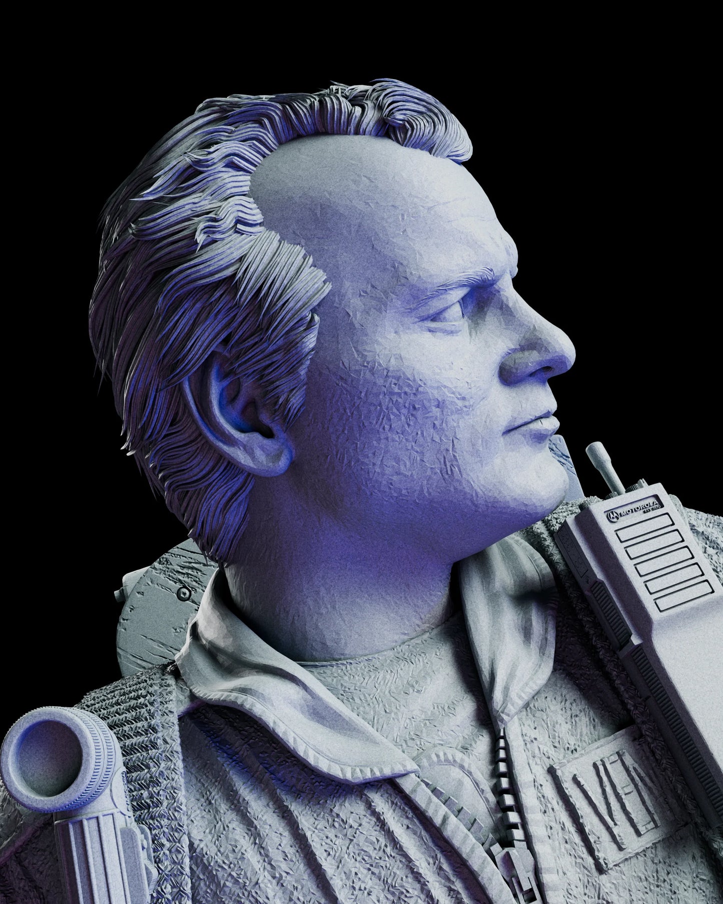 Close-up portrait capturing Peter Venkman’s expression, hair detail, and shoulder radio