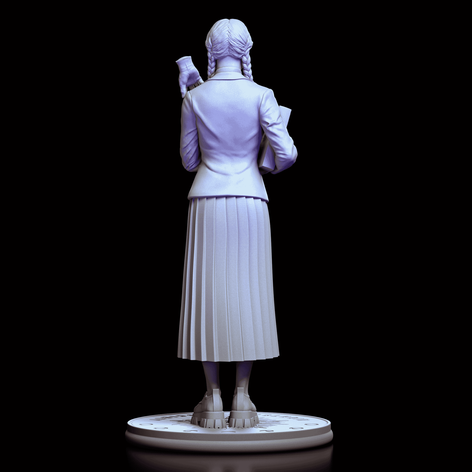 Back view of Wednesday figure showing braided hair, pleated skirt, and platform shoes on engraved base