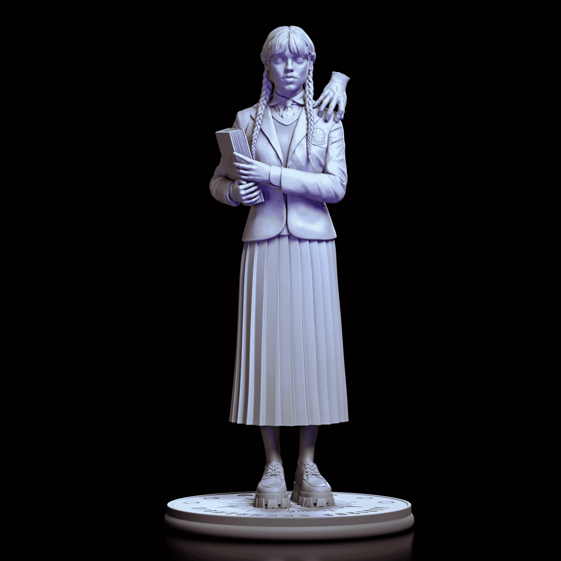 Front view of Wednesday Addams maquette holding a book with Thing resting on her shoulder in school uniform