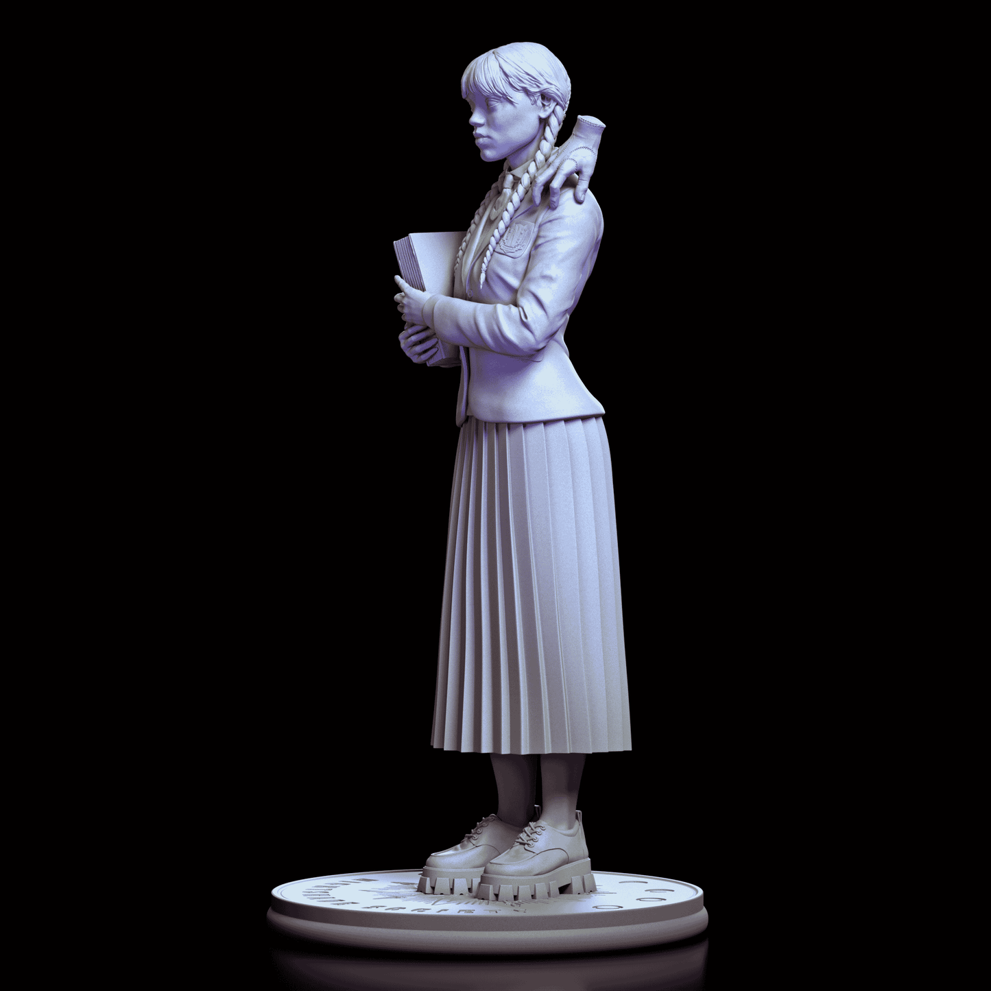 Left profile of Wednesday Addams maquette revealing calm expression and book held to chest
