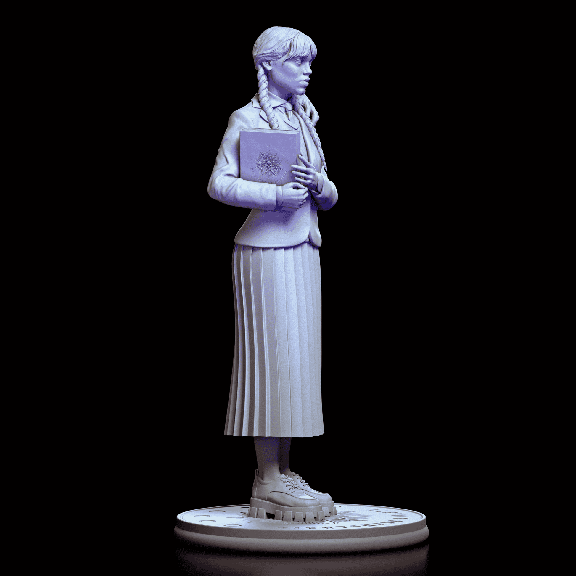 Right side view of Wednesday Addams figure featuring Thing on shoulder and sculpted uniform detail