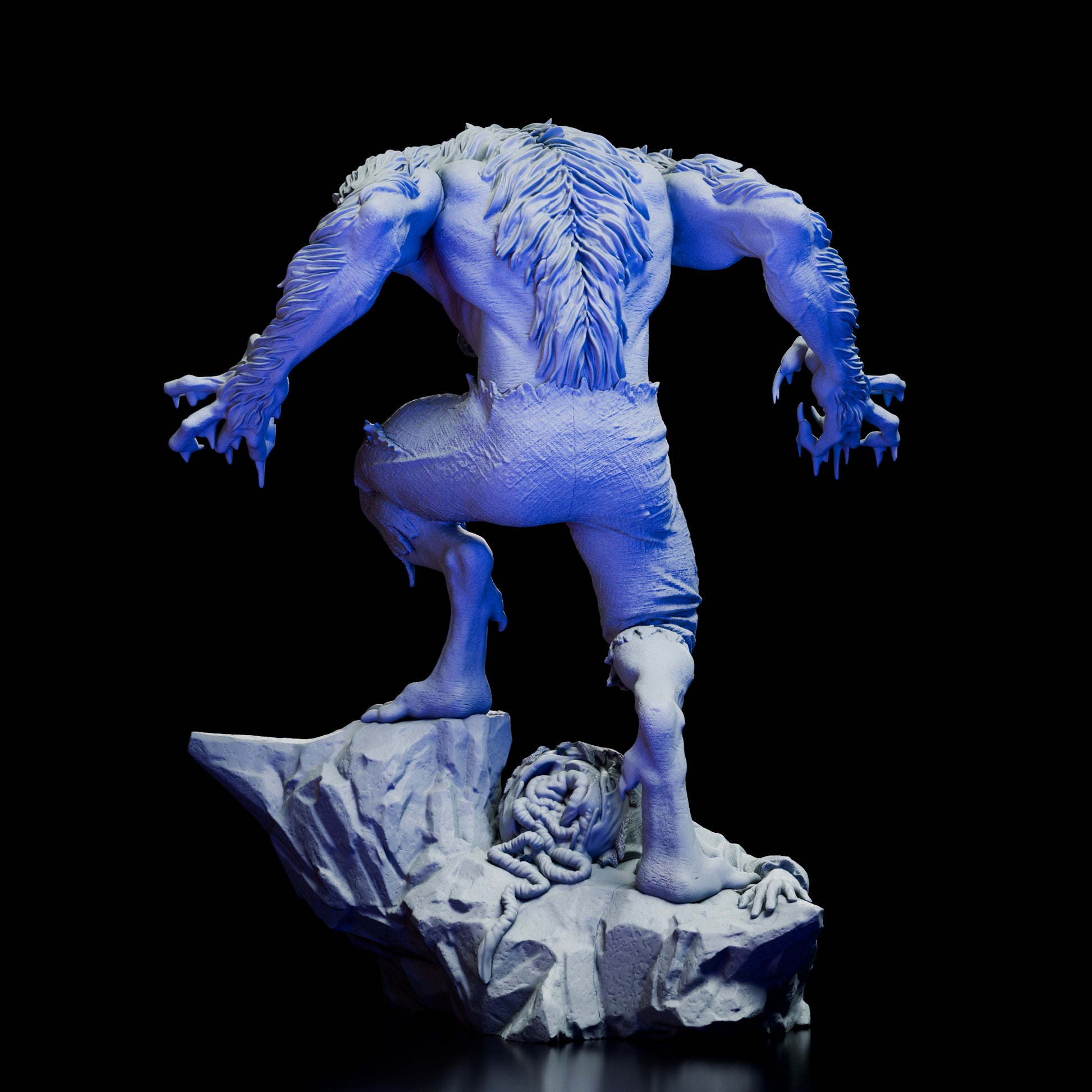 Back view of the Werewolf Figure Model Kit showing fur details, muscular sculpt, and rocky base