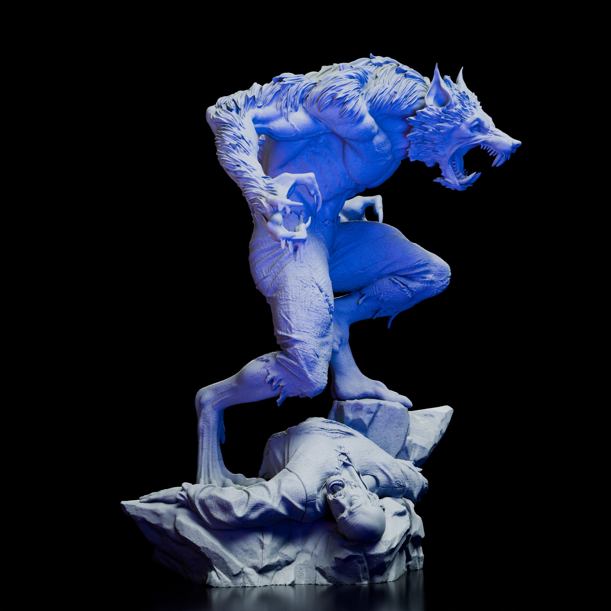 Right profile of the Werewolf Figure Model Kit showcasing fur texture, clawed stance, and gothic display base
