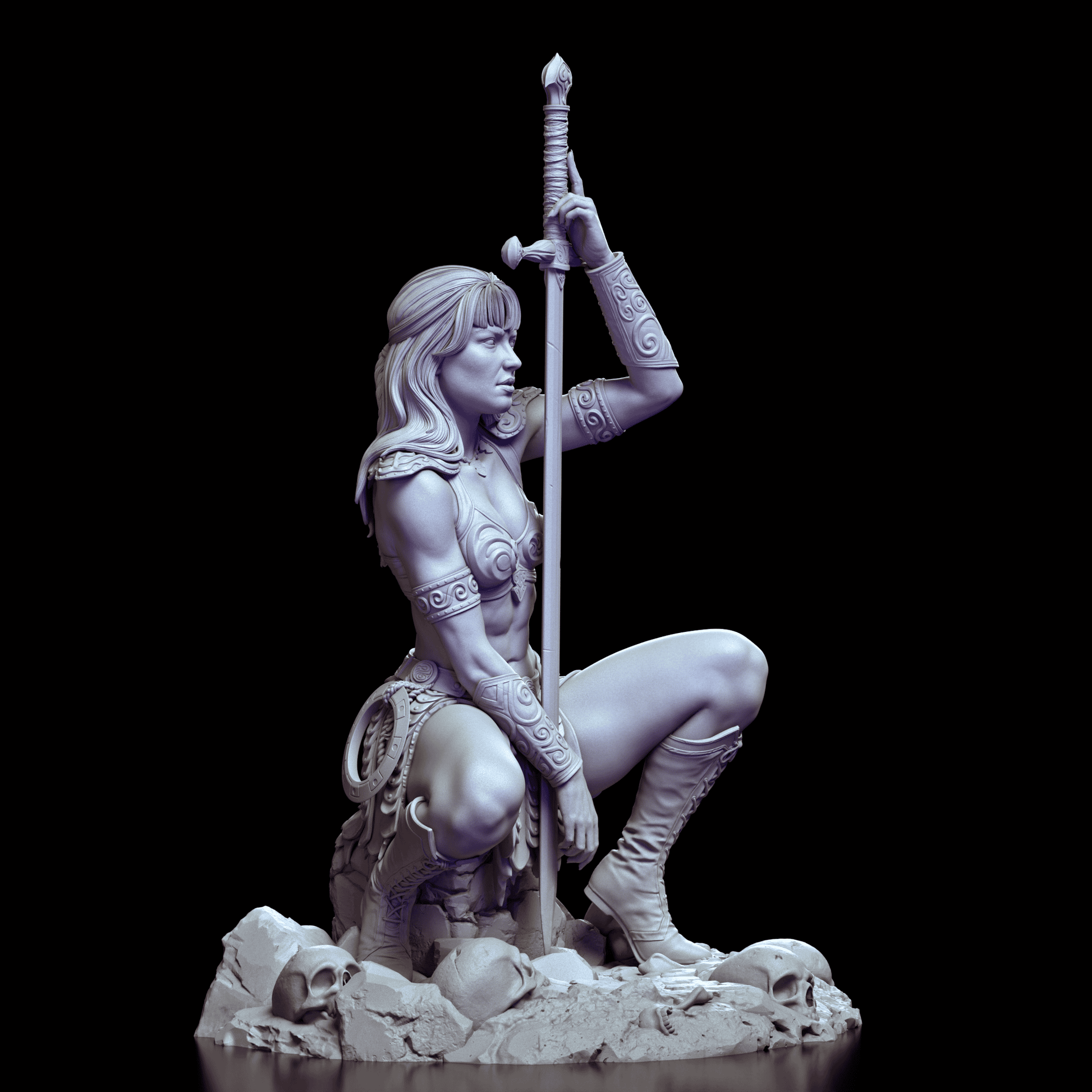 Right-side view of the Xena figure model kit emphasizing her dynamic pose, braided hair, and detailed weaponry.