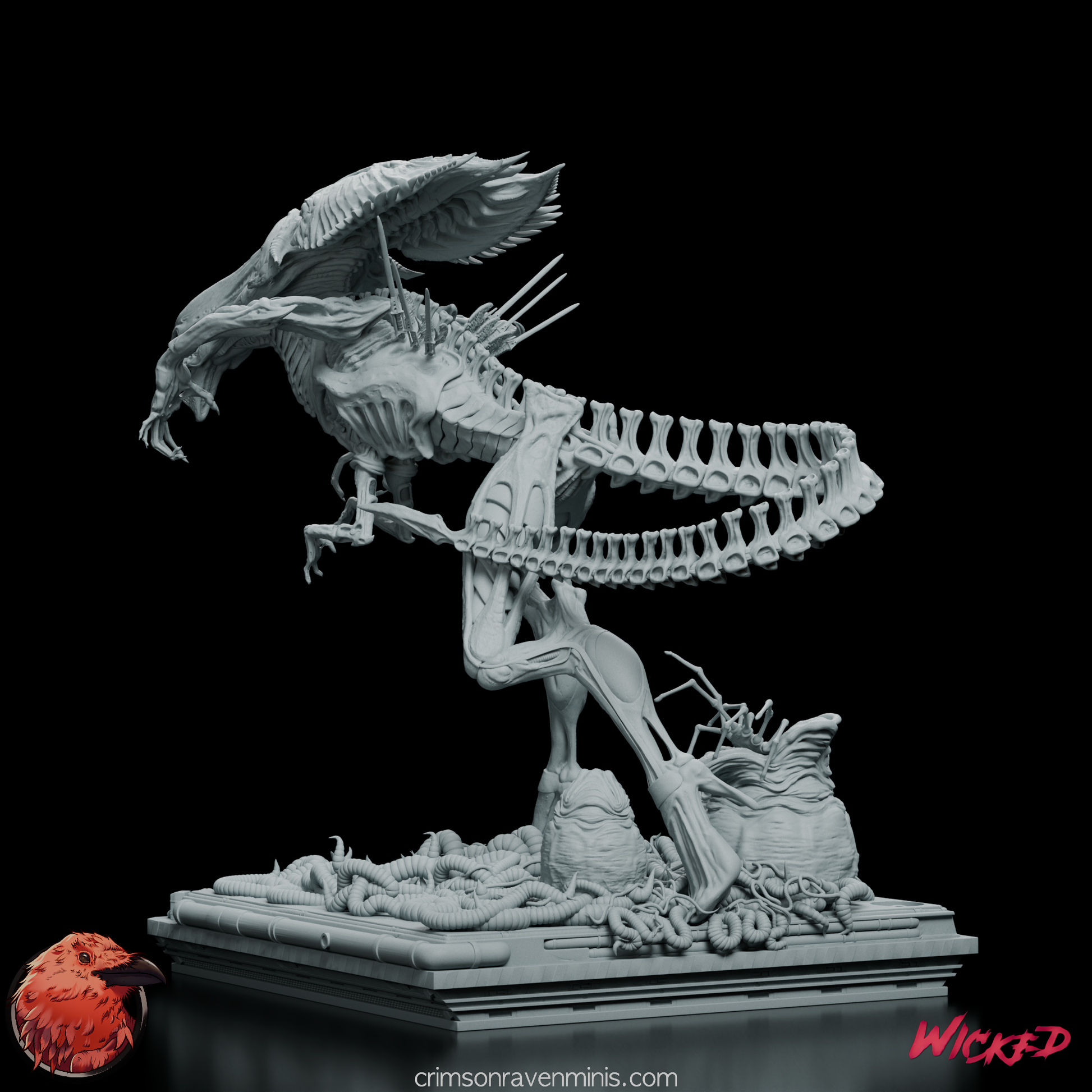 Full display of Alien Xenomorph Queen Figure Model Kit featuring her hive base and surrounding egg pods.