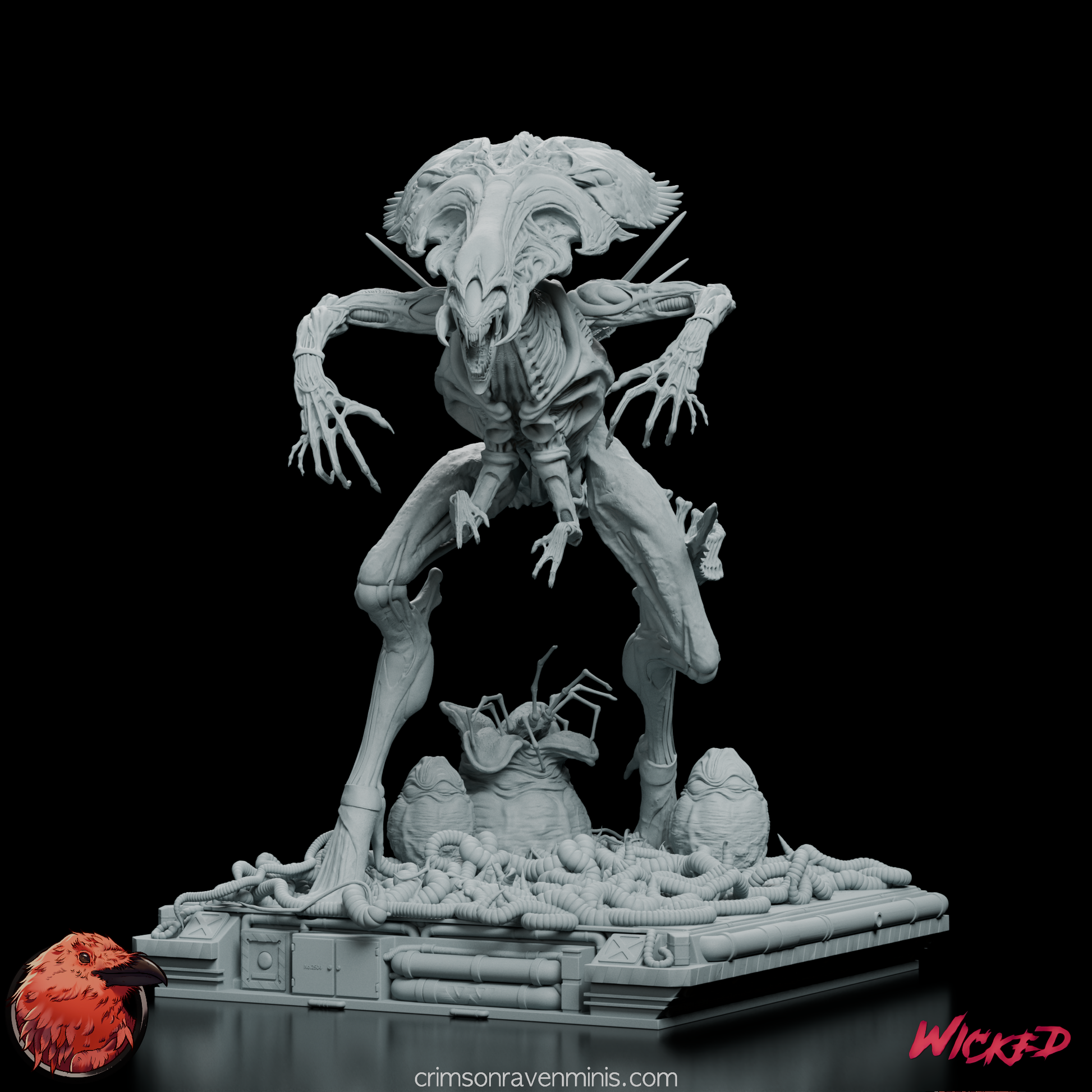 Side view of Alien Xenomorph Queen Model Kit highlighting her biomechanical tail and dynamic stance.