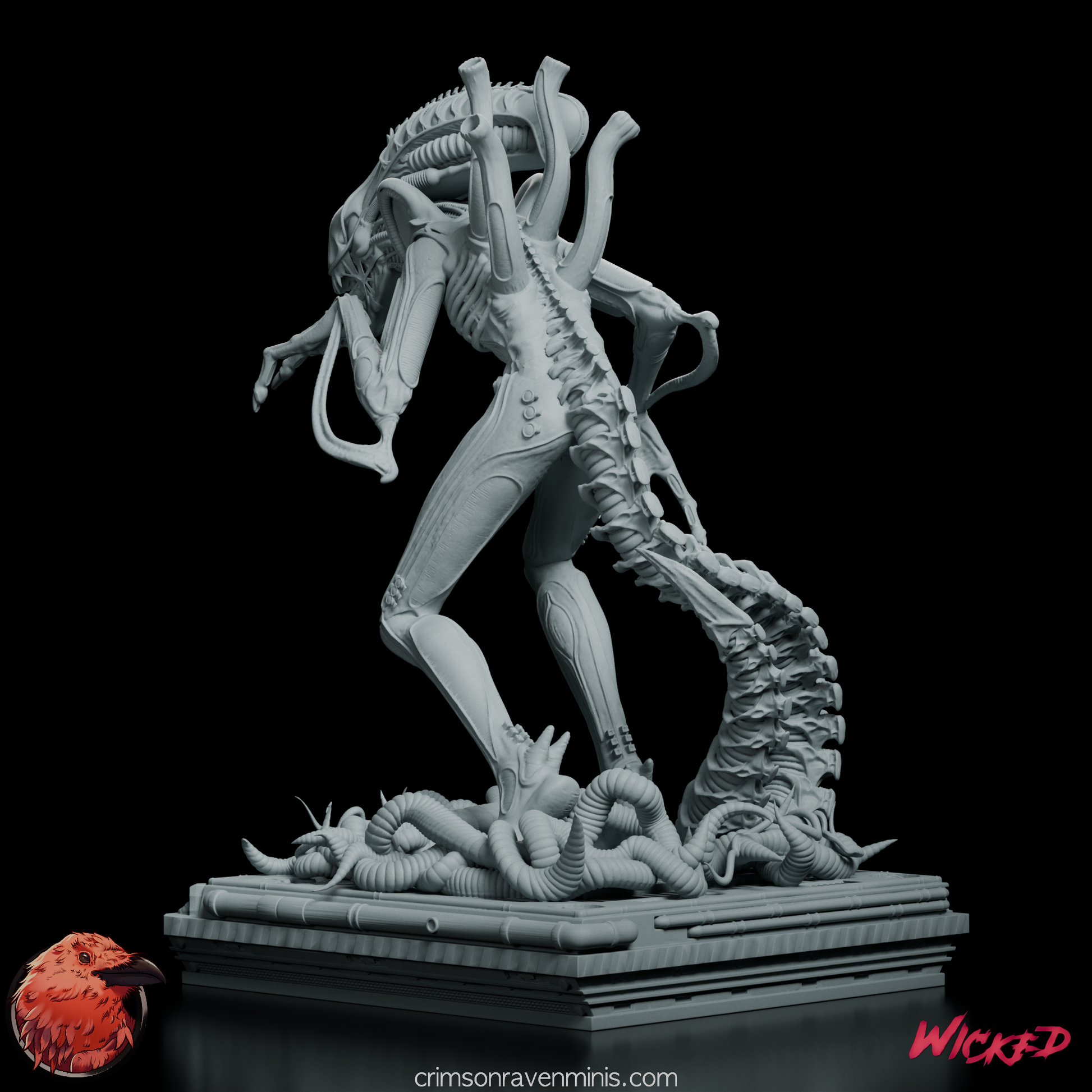 Dynamic angled shot of Alien Xenomorph Warrior Model Kit capturing its predatory stance and detailed base.