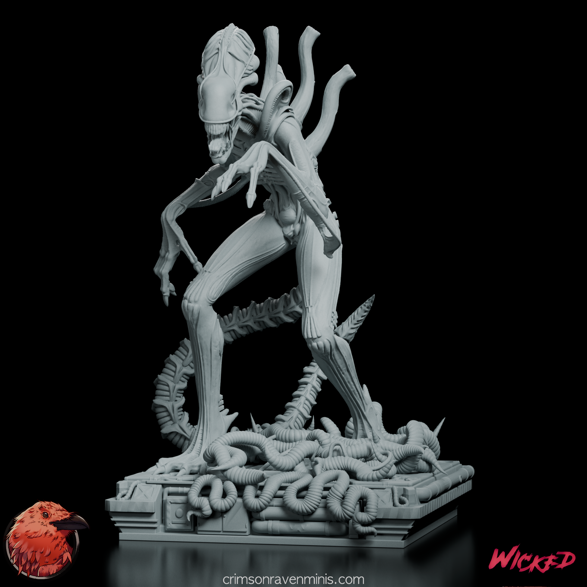 Full display shot of Alien Xenomorph Warrior Model Kit showing its complete base and horror-inspired design.