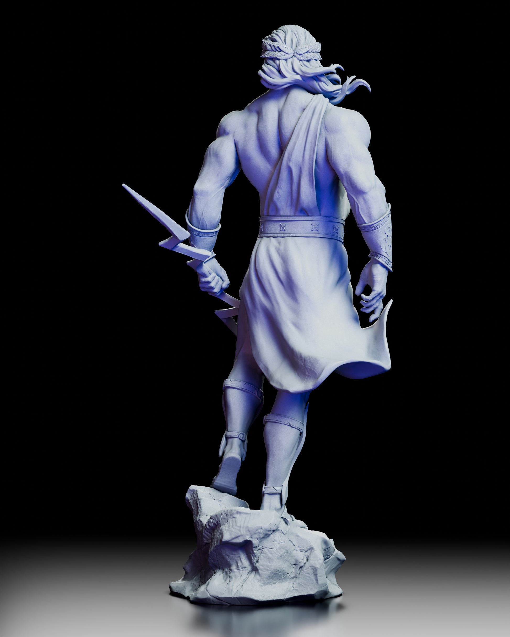 Rear view of Zeus sculpture showing flowing robe and detailed musculature