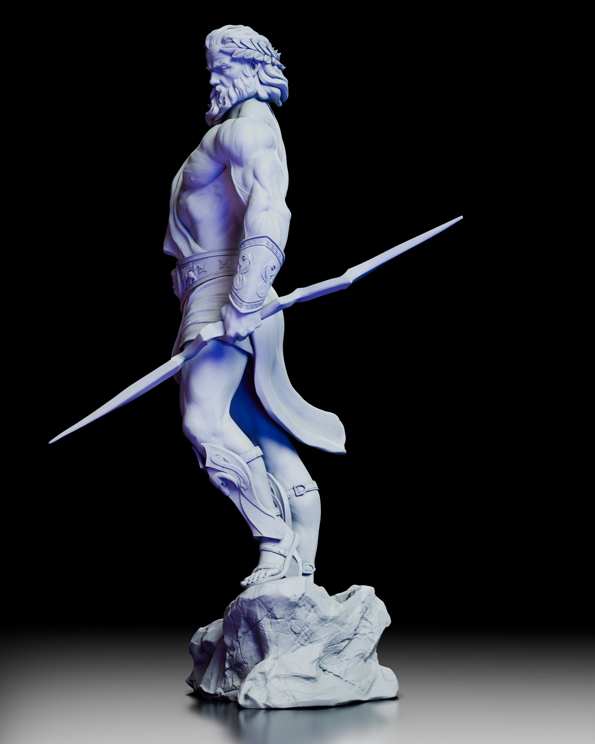 Left side view of Zeus figure highlighting sculpted arm detail and divine posture