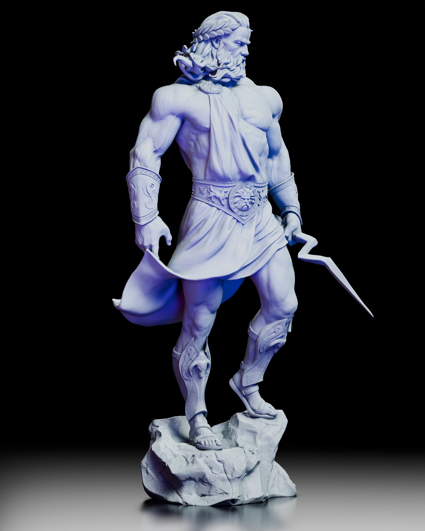Right angle of Zeus resin statue emphasizing the intricate folds of his robe and lightning bolt