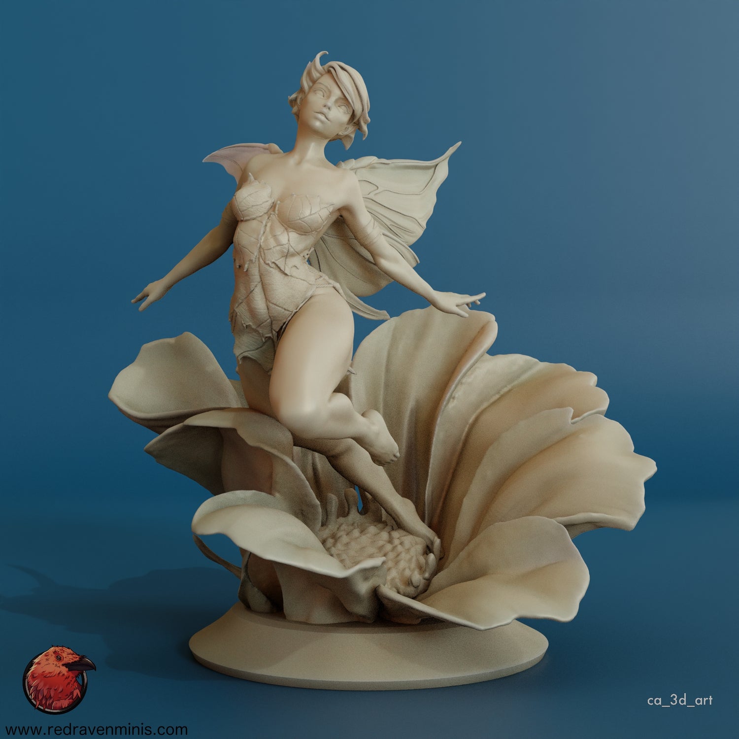 Front view of the Enchanted Fairy resin model kit, showcasing intricate details and elegant pose on a blooming flower.